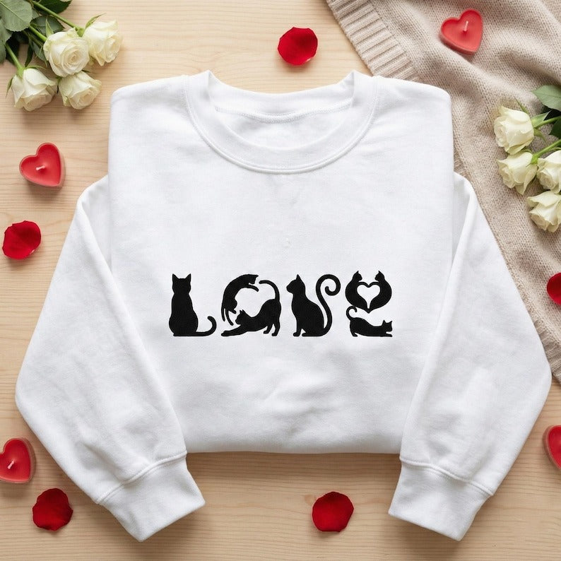 Embroidered Cat Love Sweatshirt, Crazy Cat Lady Gift, Feline Lover Hoodie, Kitten Crewneck, Black Cat Apparel, Pet Loss Gift, Cat Mom Shirt