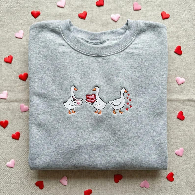 Embroidered Goose Sweatshirt, Cute Baking Crewneck, Valentine’s Day Gift, Funny Animal Lover Sweater for Him/Her