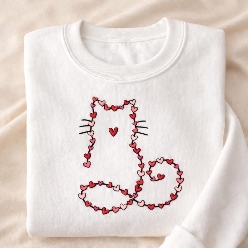Cute Cat Hearts Valentines Embroidered Sweatshirt, Womens Cat Lover Sweater, Girls Valentines Day Gift, Meowentine Sweatshirt