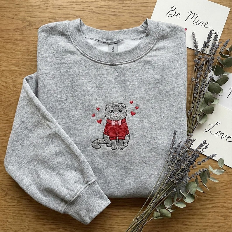 Scottish Fold Cat Embroidered Sweatshirt, Valentines Day Cat Hoodie, Heart Sweater Kitty Crewneck, Gift for Cat Mom, Pet Lover Top