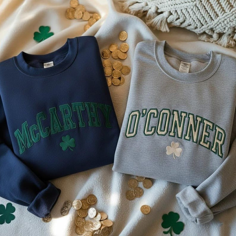 EMBROIDERED Personalized Last Name St Patrick's Day Sweatshirt, Shamrock Last Name Sweatshirt, Irish Sweatshirt, Irish Surname Sweatshirt