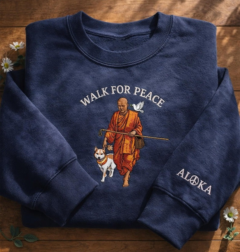 Embroidered Walk for Peace Monk Sweatshirt, Buddhist Compassion Crewneck, Mindfulness Zen Walking Monks Shirt, Spiritual Peace Gift