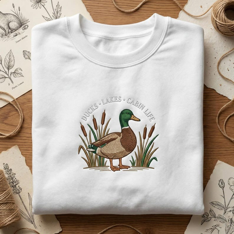 Ducks Lakes Cabin Life Embroidered Sweatshirt, Mallard Duck Hoodie, Vintage Wildlife Crewneck, Hunter Gift, Forest Nature Lover Pullover