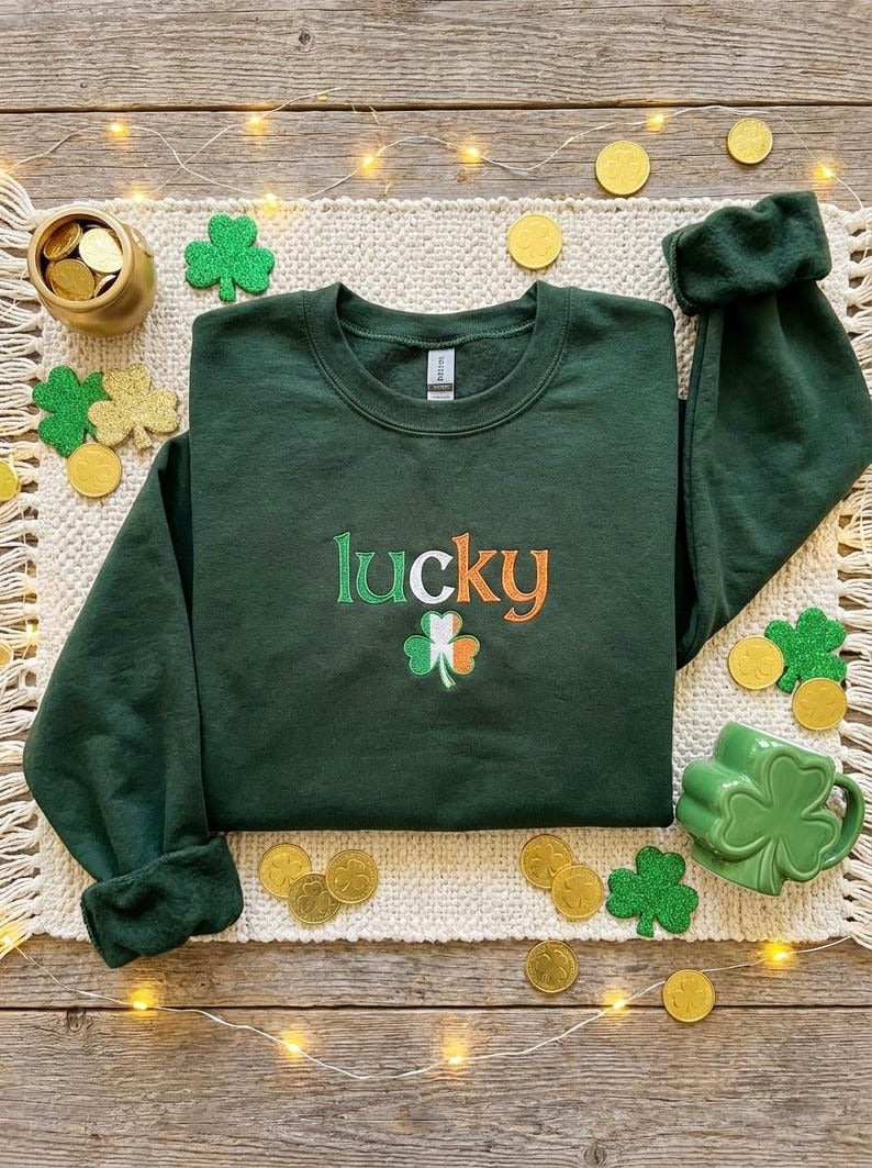 Embroidered Lucky Sweatshirt with Shamrock: St. Patrick's Day Crewneck Gift
