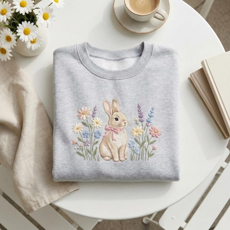 Easter Flowers Bunny Sweatshirt, Cute Bunny Shirt, Rabbit Shirt, Happy Easter Day Gift, Coquette Easter Shirt, Cute Easter Embroidered Shirt