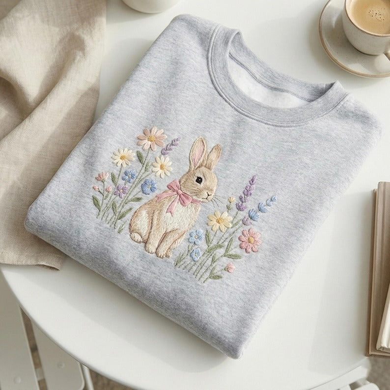 Easter Flowers Bunny Sweatshirt, Cute Bunny Shirt, Rabbit Shirt, Happy Easter Day Gift, Coquette Easter Shirt, Cute Easter Embroidered Shirt