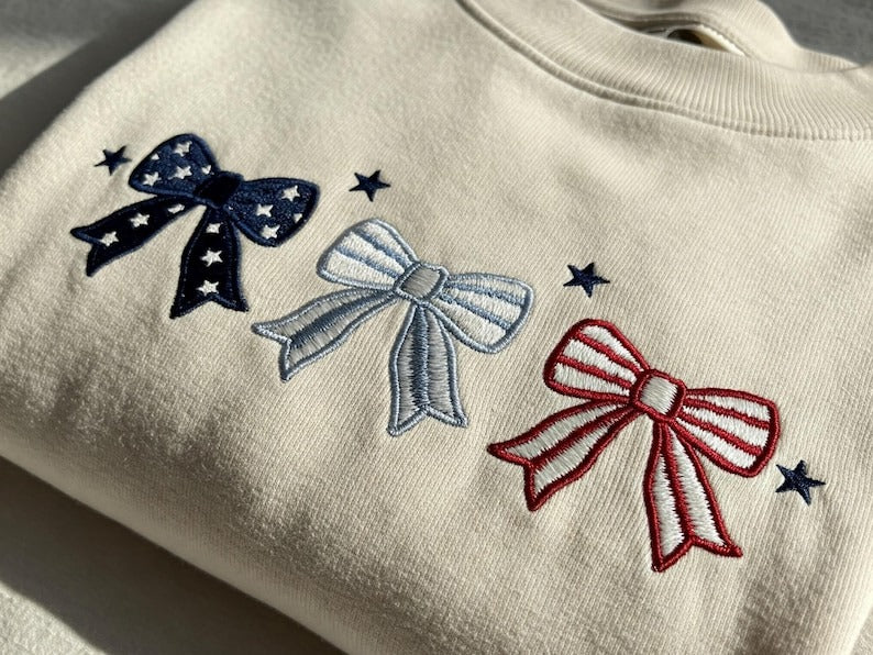 Coquette Bow American Flag Shirt, 4th of July Embroidered Sweatshirt, Patriotic USA Tee in Red White and Blue, Cute Girly American Top for Mom or Women