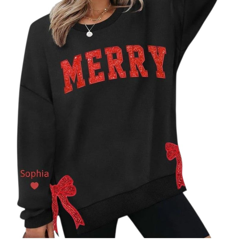 Custom Merry Side Bow Cut-Out Sweatshirt With Glitter, Trendy Coquette Bow, Side Bow Applique Sweatshirt Christmas Sweatshirt, Merry Xmas