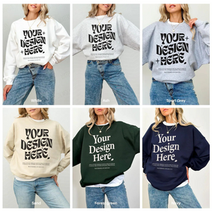 Collage of six sweatshirts in different colors with 'Your Design Here' text.