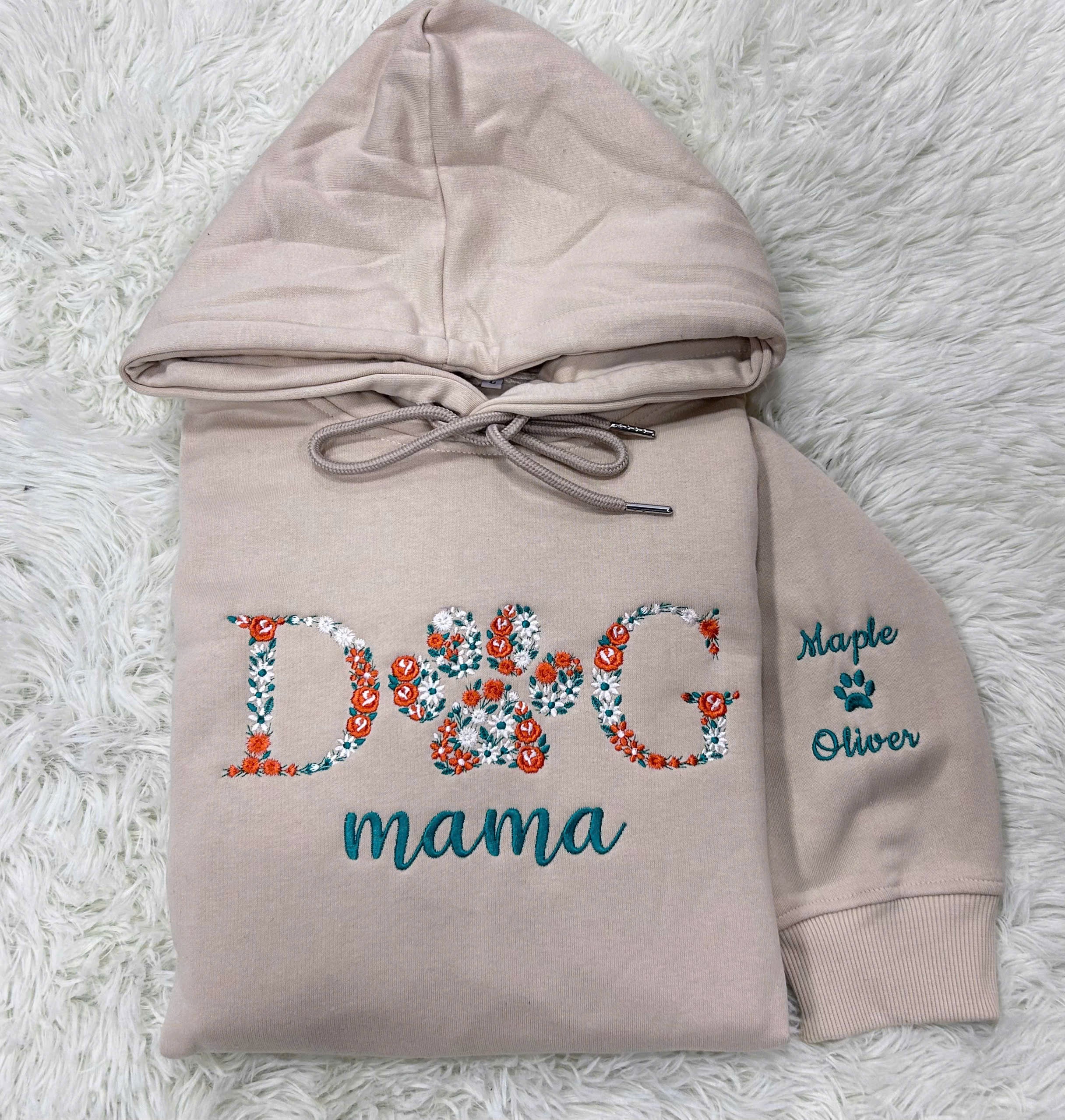 Custom Dog Mama Hoodie with Floral Letters & Paw – Names on Sleeve