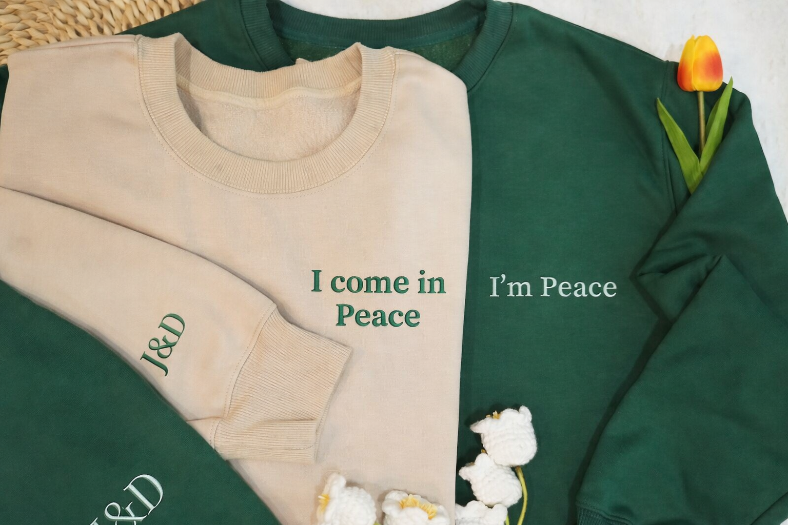 I Come in Peace I'm Peace Embroidered Sweatshirt, Custom Sleeve Name Embroidery, Matching Couple Valentines Sweater, Gift For Girlfriend