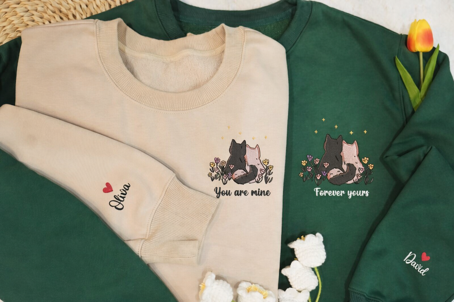 Custom Couple Cat You Are Mine Forever Yours Valentine Embroidered Sweatshirt, Matching Couple Sweater, Valentine For Cat Lover, His and Her