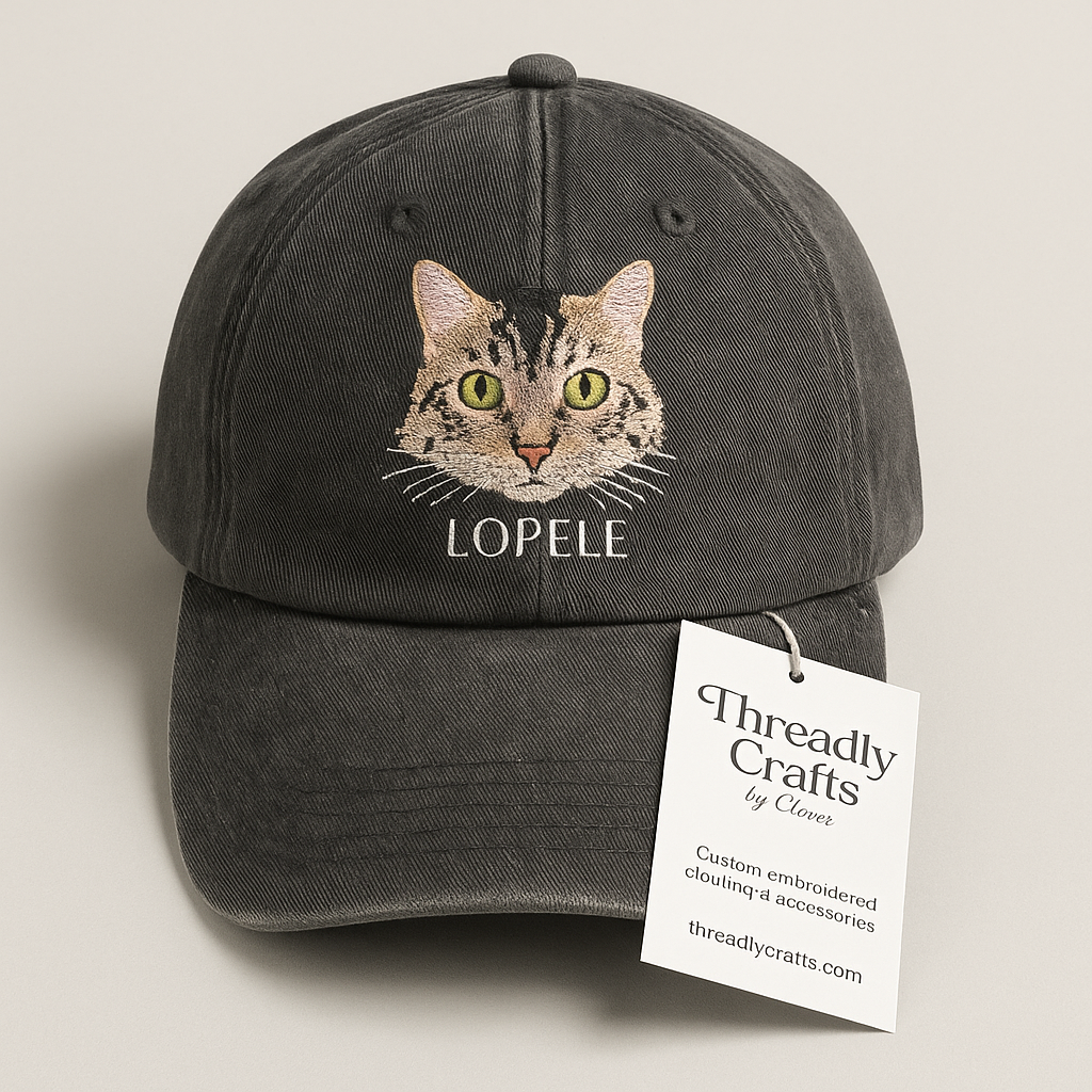 Custom Pet Portrait Embroidered Vintage Cap – Personalized Cat Hat