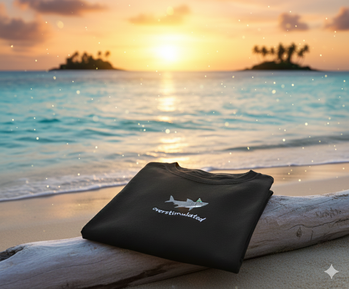 Overstimulated Party Hat Shark Embroidered Sweatshirt – Funny Weirdcore Summer Sweatshirt Neurodivergent Shark Sweatshirt, Ocean Vibes Sweatshirt