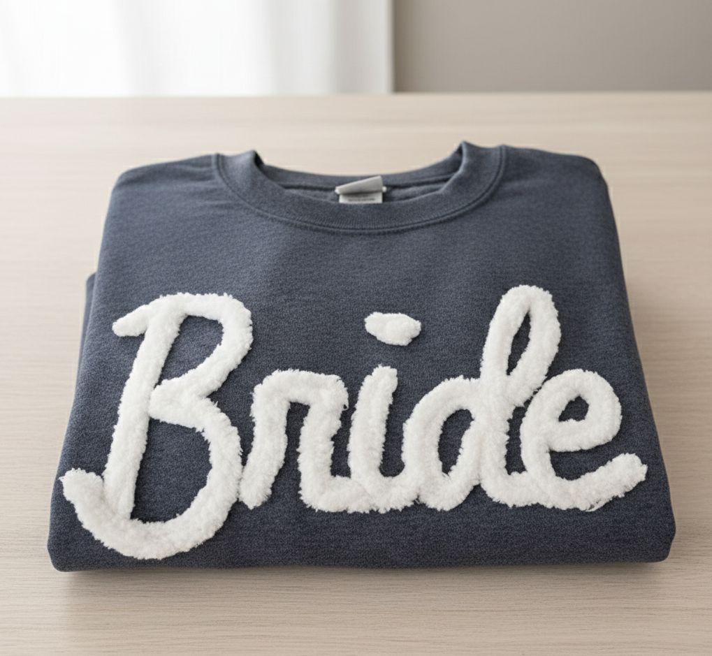 Bride YARN EMBROIDERED Sweatshirt Custom bride Chenille Yarn Fuzzy Letter, Team Spirit Sweatshirt Team