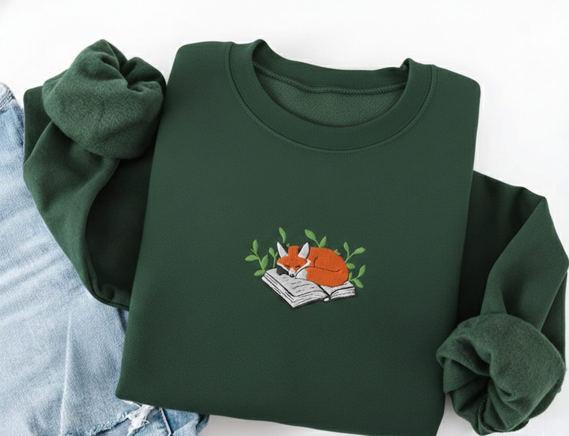 Sleeping Fox on a Book Sweatshirt, Cozy Embroidered Reader Gift