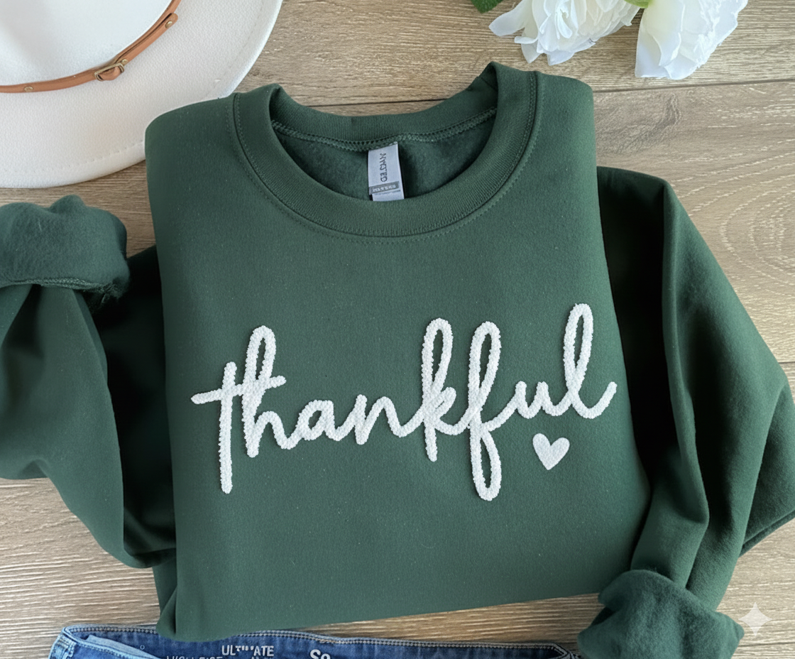 Embroidered Thankful Chenille Yarn Sweatshirt: Cozy Fall Crewneck Sweater