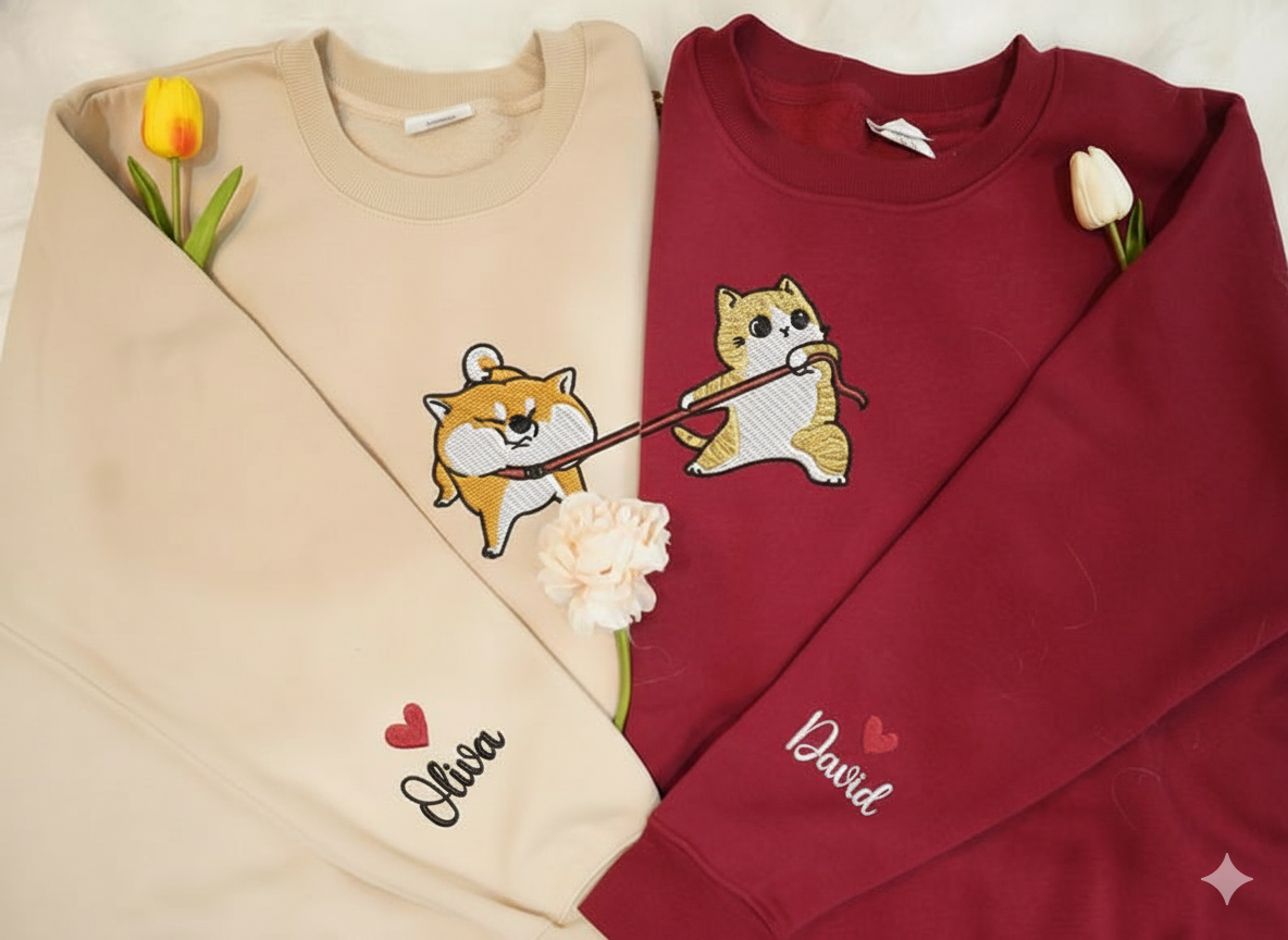 Cute Shiba and Yellow Cat Couple Valentine Embroidered Sweatshirt, Funny Matching Couple Sweater, Custom Name Hoodie, Gift For Girlfriend
