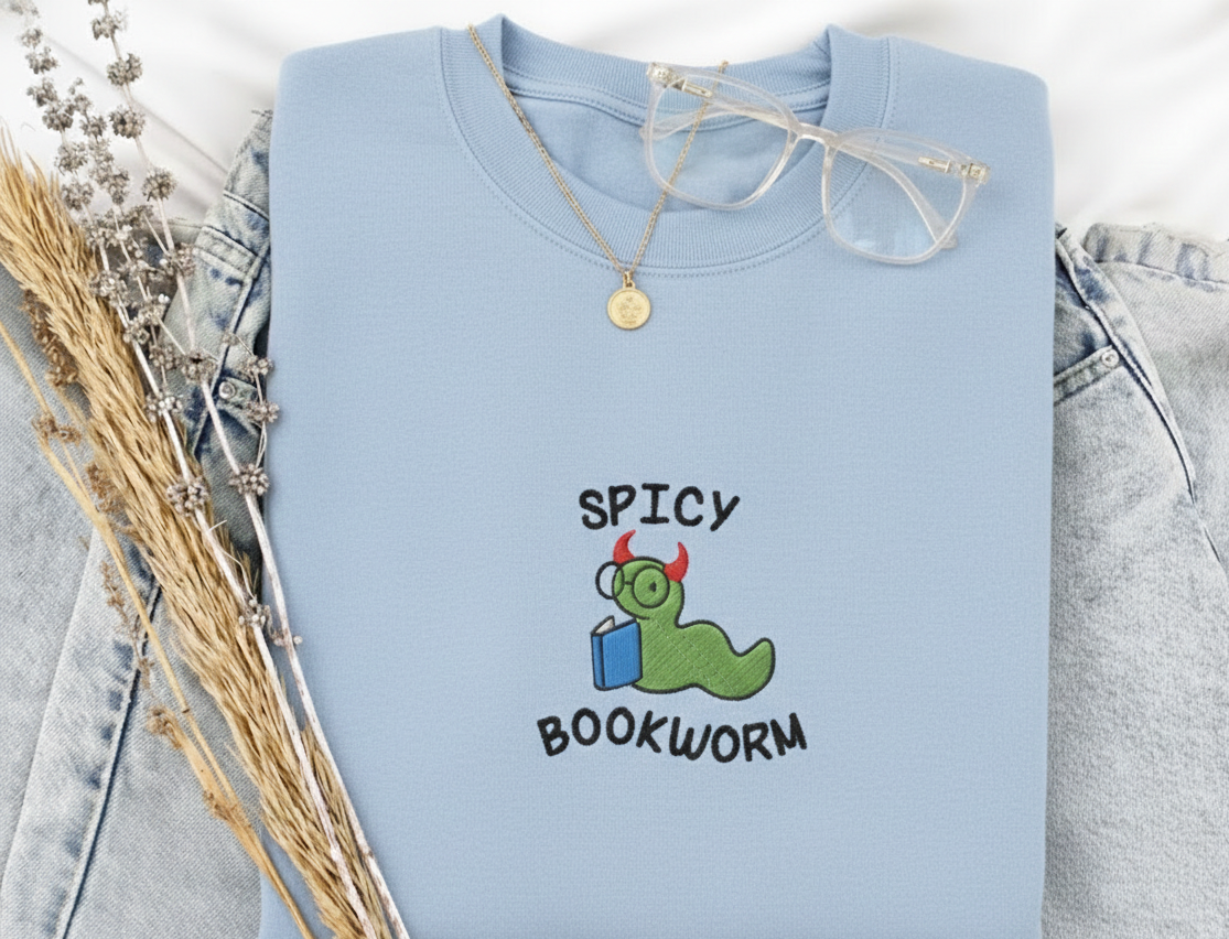 Spicy Bookworm Embroidered Sweatshirt, Book Lover Embroidery, Spicy Reader Aesthetic, Funny Cozy Romance Reader Gift