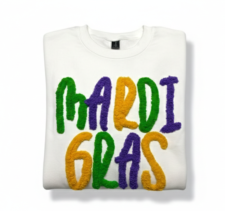 MARDI GRAS SWEATSHIRT | Custom Embroidered | Chenille Yarn Letters | Unisex Crewneck | Hoodie | Hooded Sweatshirt | shirt | Tshirt