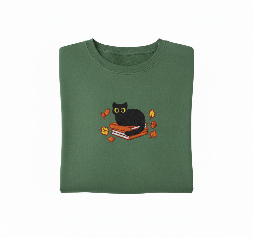 Fall Black Cat and Books Sweatshirt, Cozy Autumn Reader Sweatshirt, Book Lover Gift, Cute Halloween Cat Sweatshirt
