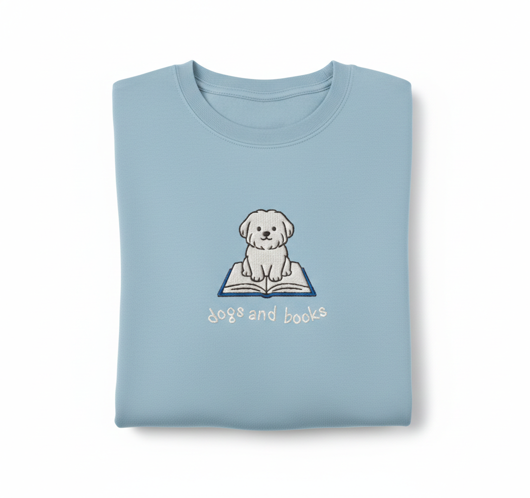 Dogs and Books sweatshirt, Cute Maltese Embroidered sweatshirt, Dog Mom Gift, Book Lover sweatshirt, Readers and Dog Lovers sweatshirt
