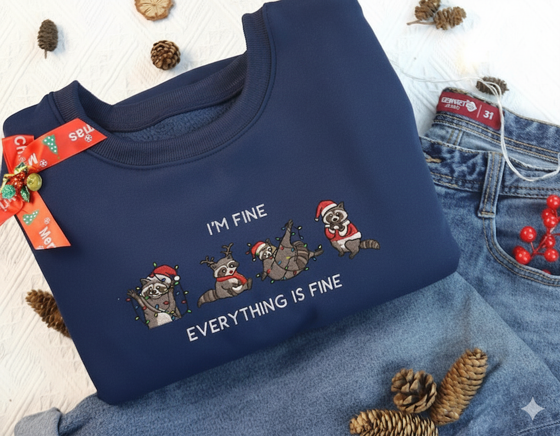 Embroidered I'm Fine Everything Is Fine Shirt Racoon Christmas Sweatshirt, Christmas Light Women Holiday Sweater, Funny Racoon Xmas Shirt