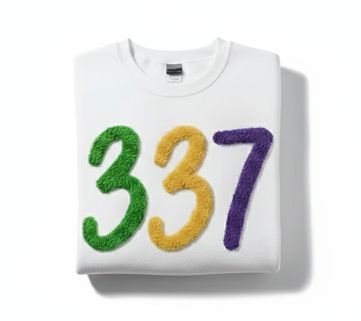 Custom Area Code | 337 MARDI GRAS SWEATSHIRT | Custom Embroidered | Chenille Yarn Letters | Hoodie | Hooded Sweatshirt | shirt