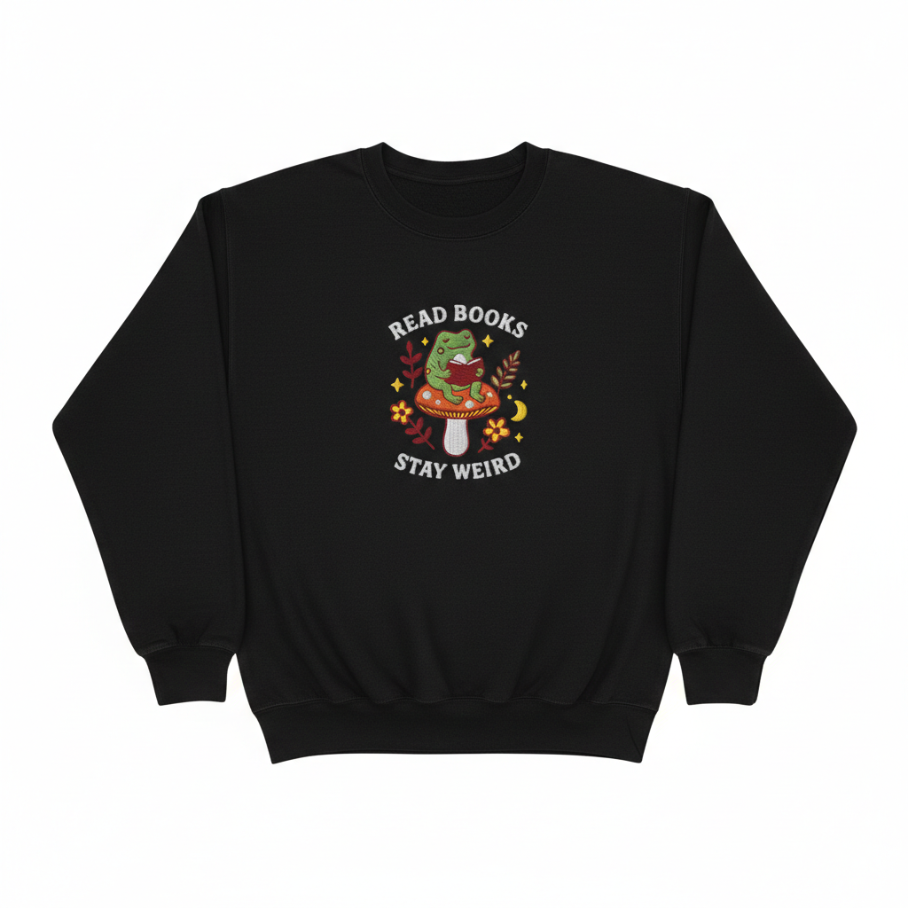 Read books stay weird Sweatshirt, embroidered mushroom frog Sweatshirt, bookish cottagecore t-Sweatshirt, cozy reader gift, frogcore