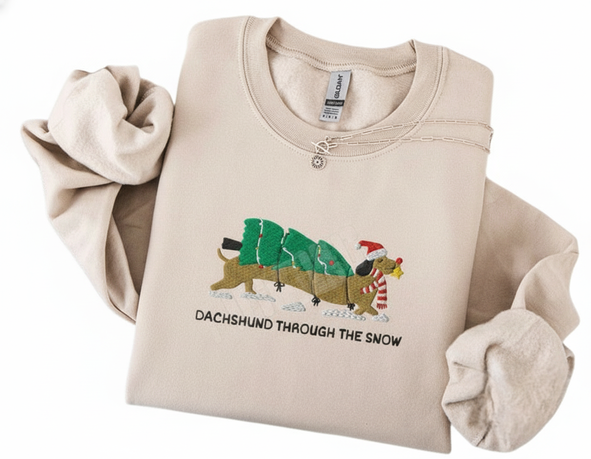 Embroidered Dachshund Christmas Sweatshirt – “Dachshund Through The Snow” Holiday Mom Crewneck
