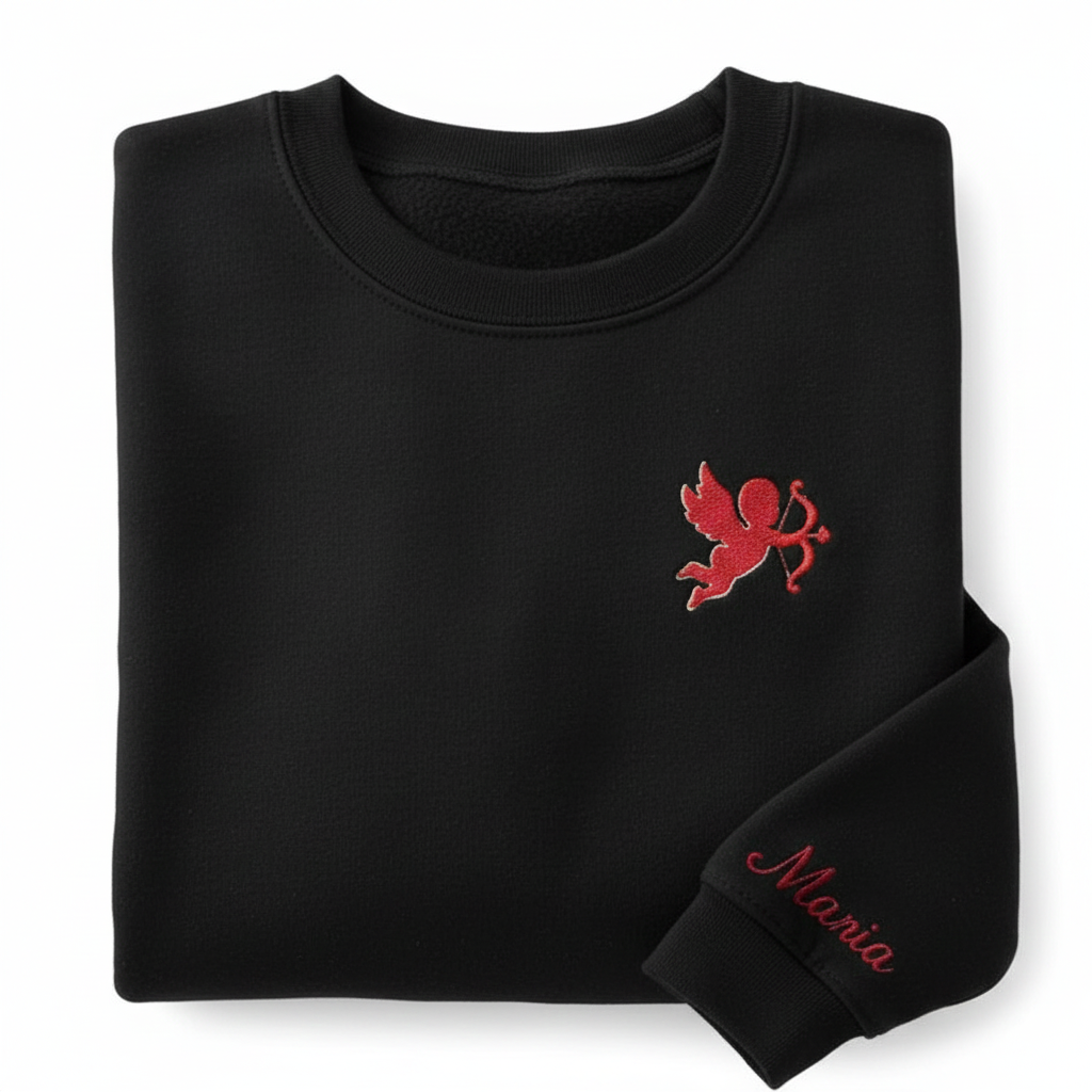Retro Cupid Embroidered Sweatshirt, Custom Name on Sleeve, Valentines Day Sweatshirt, Unique Couple Gifts