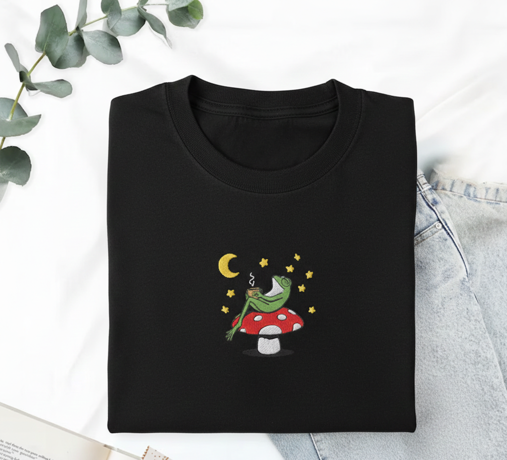 Frog on a Mushroom Under the Stars Whimsical Embroidered Sweatshirt, Cottagcore Frog Lover Sweatshirt, Cozy Autumn Fall Gift