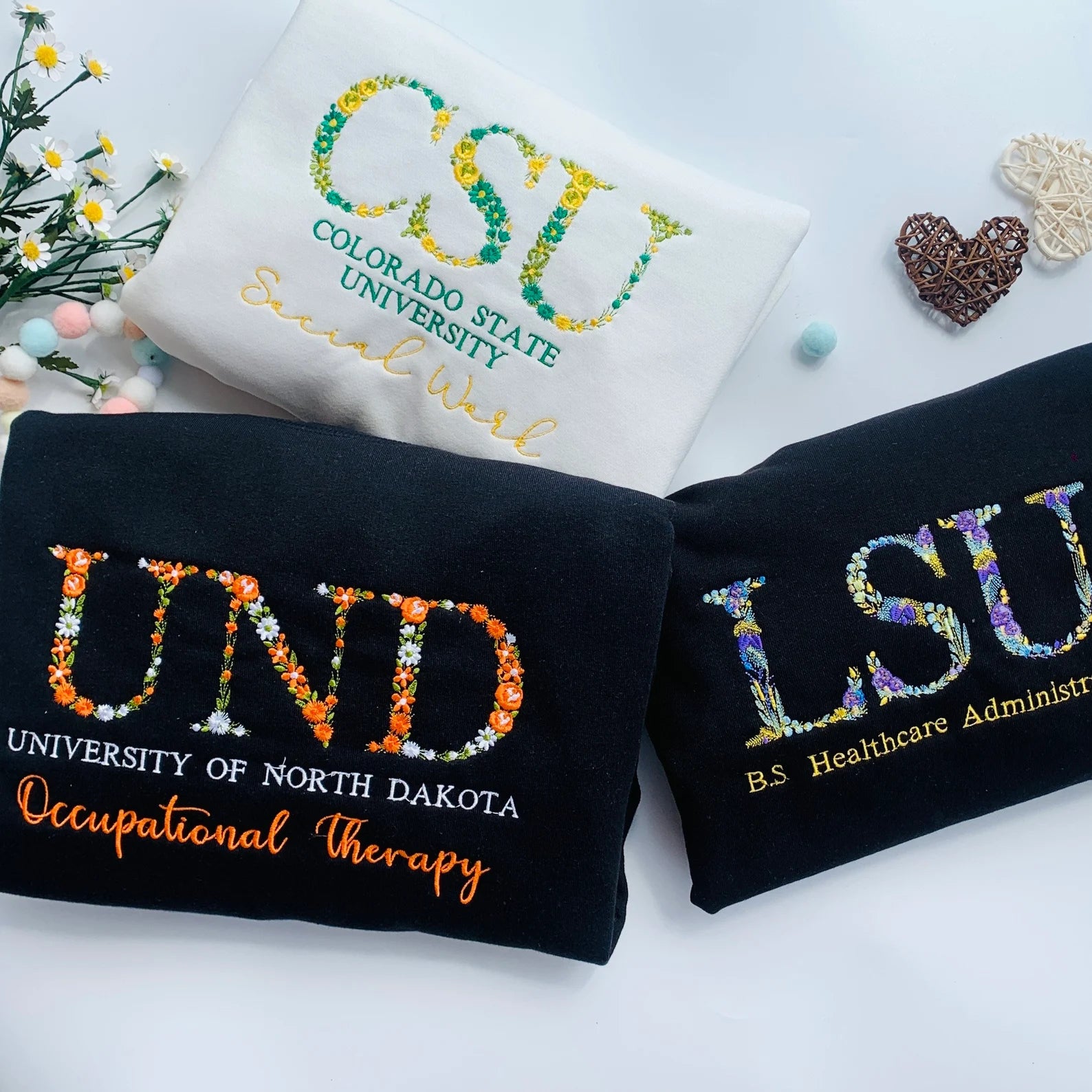Custom College Floral Embroidered Sweatshirt,  Flower College Shirt, High School Shirt, Graduation Gift