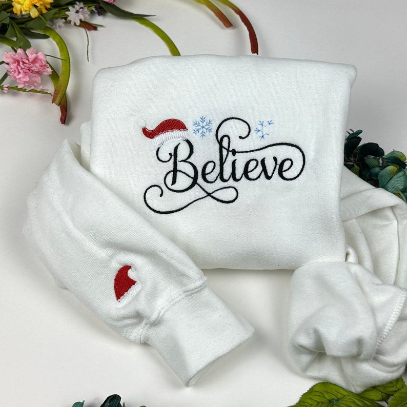 Christmas Believe Sweatshirt Embroidered - Sweatshirts- Embroidered Sweatshirts - Christmas - Believe Santa
