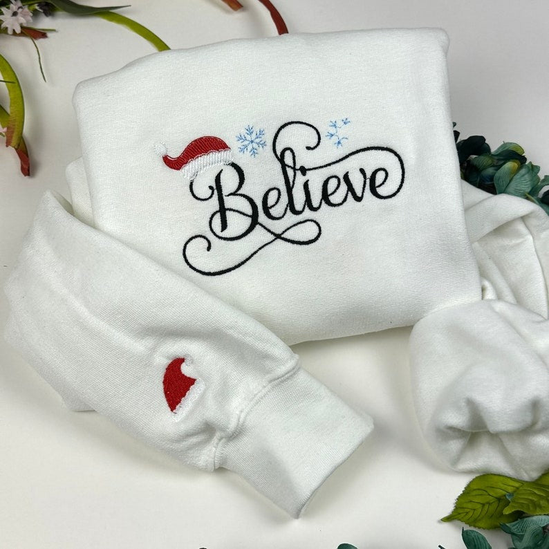Christmas Believe Sweatshirt Embroidered - Sweatshirts- Embroidered Sweatshirts - Christmas - Believe Santa