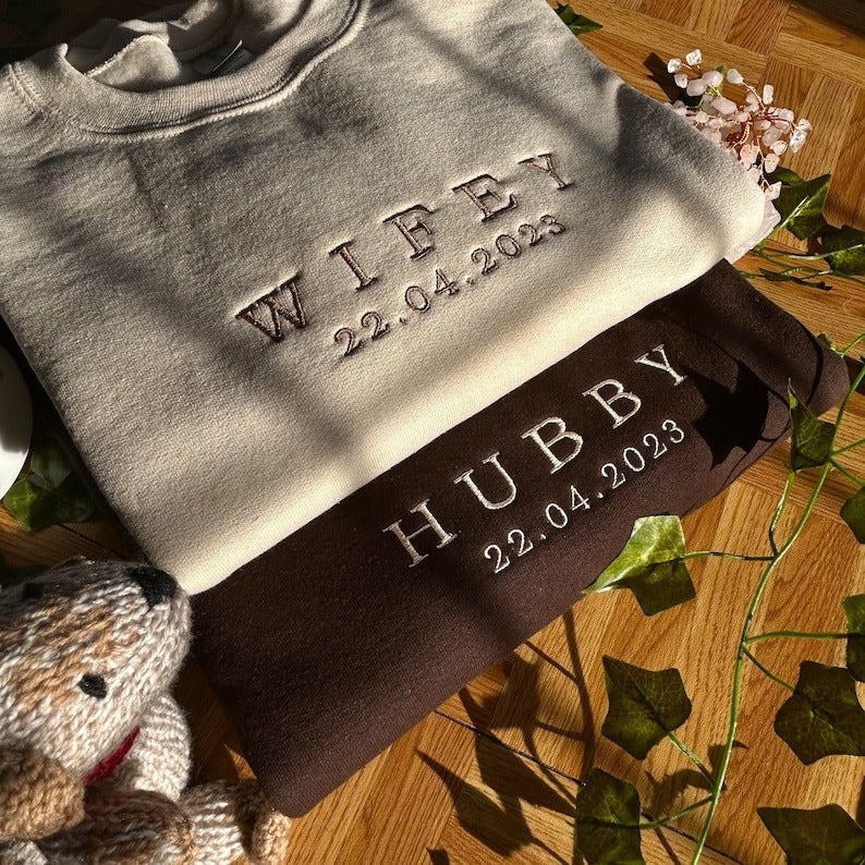 Custom Embroidered Sweatshirt, Wifey Hubby Matching Wedding Sweatshirt, Anniversary Couple Sweatshirt, Matching Valentine Crewneck