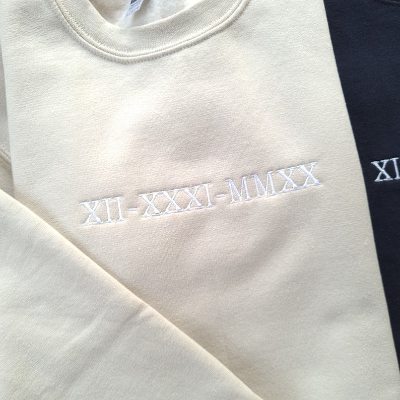 Custom Roman Numeral Embroidered Sweatshirt, Custom Anniversary Matching Couple Jumper, Personalised Date Gift For Couples