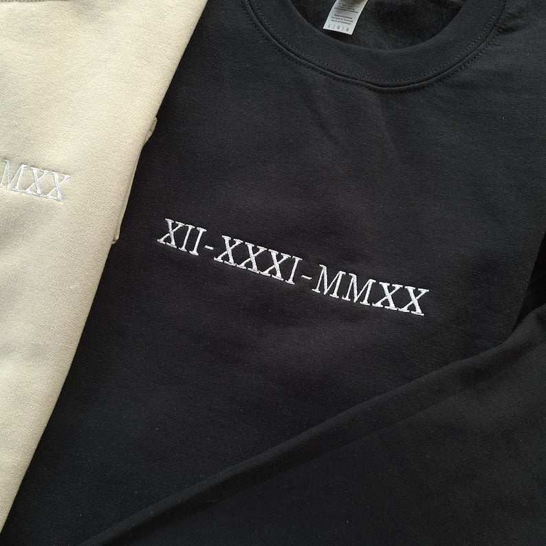 Custom Roman Numeral Embroidered Sweatshirt, Custom Anniversary Matching Couple Jumper, Personalised Date Gift For Couples