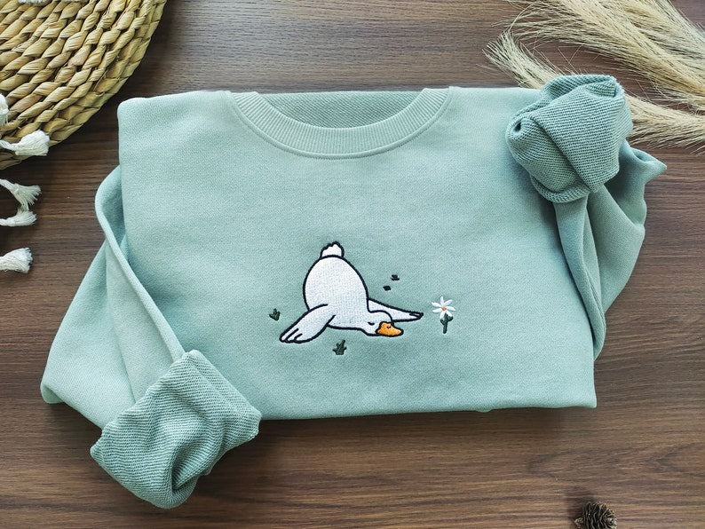 Duck And Daisy Embroidered Crewneck Sweatshirt,Silly Goose Sweatshirt,Flower Sweatshirt ,Funny Sweatshirt, Gifts for friends,Gift for her