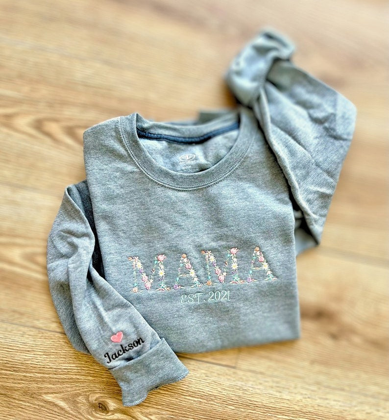 Embroidered Floral Mama Sweatshirt: Custom Mom Crewneck