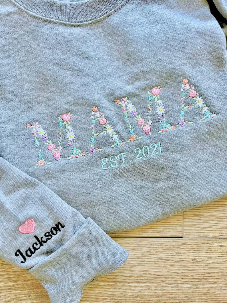 Embroidered Floral Mama Sweatshirt: Custom Mom Crewneck