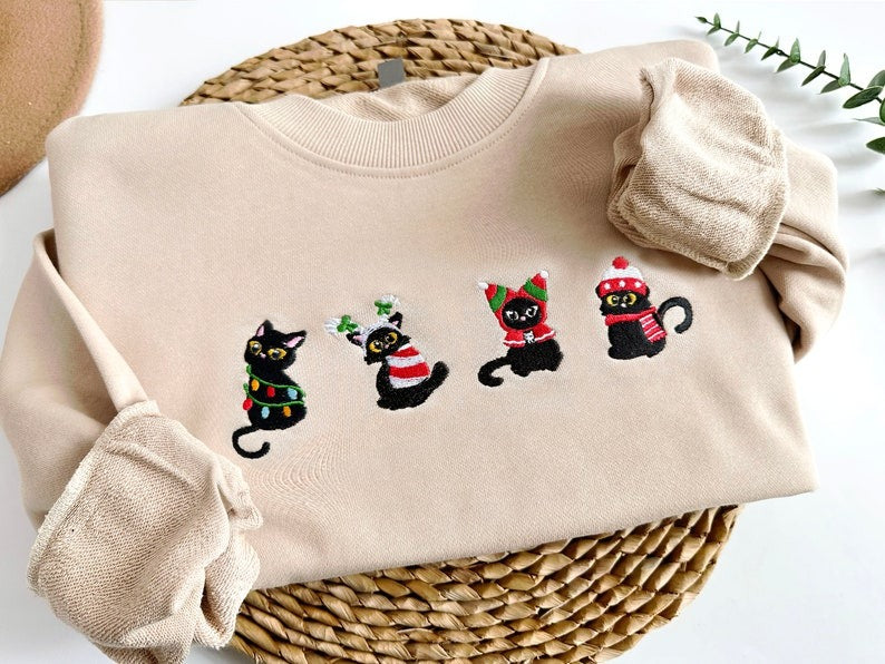 Embroidered Christmas Cats Sweatshirt, Christmas Embroidered Sweater,Funny Christmas Sweatshirt, Black Cat Lover Gift