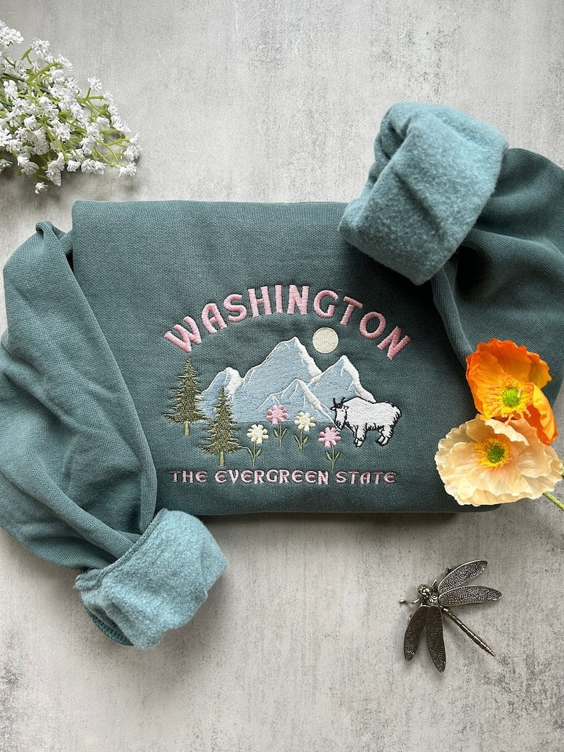 Washington State Embroidered Sweatshirt, Rainier National Park, Seattle Sweatshirt, Camping Granola Girl Sweatshirt, Seattle Souvenir