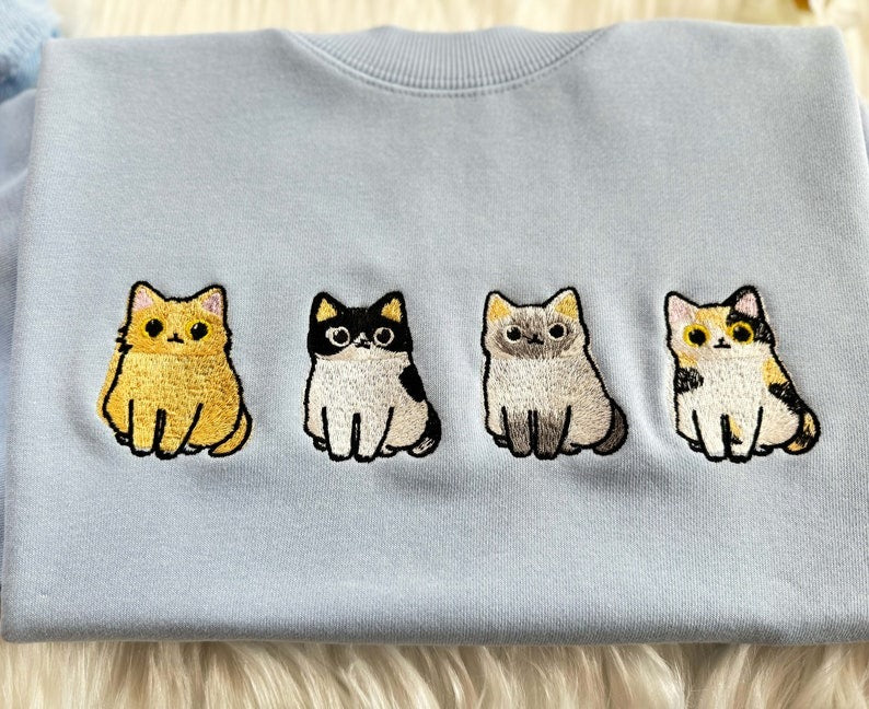 Embroidered Cute Cats Sweatshirt | Cat Lover Crew Neck