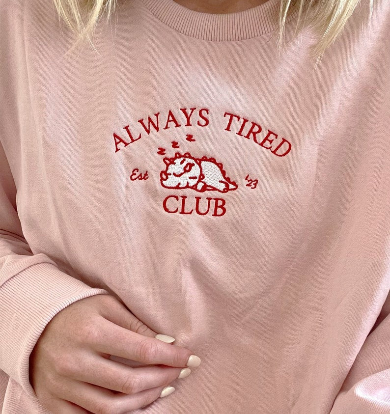 Embroidered Sweatshirt | 100% Cotton Handmade Sweater Jumper Design | Always Tired Dino Stegosaurus Club Embroidery