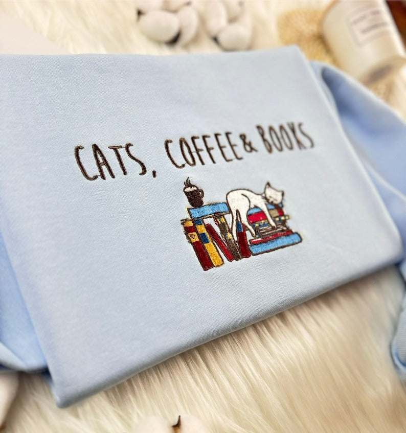 Embroidered Cat Book Sweatshirt: Coffee Lover Crew Neck