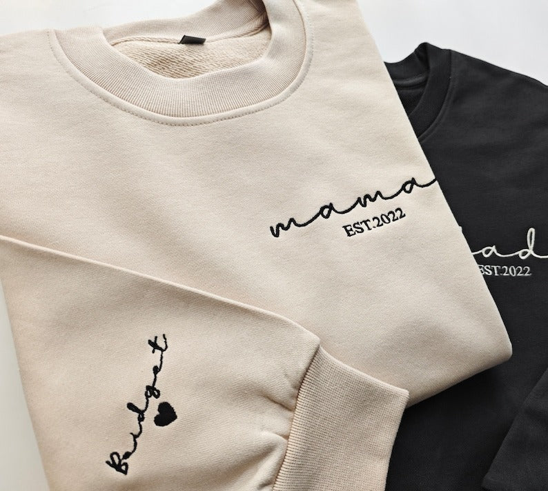 Customized Mama,Dad(Grandpa, grandma) Embroidered Sweatshirt with Date and Name on Sleeve,Gift for New Mom and Dad,Personalized Sweatshirt