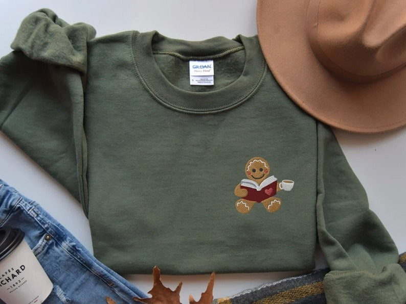 EMBROIDERED Gingerbread Man Reading Book with Coffee Sweatshirt, Bookworm Christmas Hoodie, Christmas Gift for Teacher, Bookish Sweatshirt