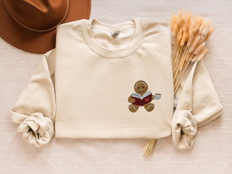EMBROIDERED Gingerbread Man Reading Book with Coffee Sweatshirt, Bookworm Christmas Hoodie, Christmas Gift for Teacher, Bookish Sweatshirt