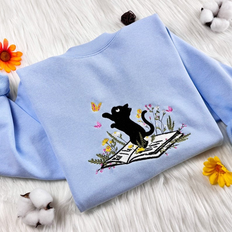 Embroidered Cat Sweatshirt: Book & Butterfly Design, Unisex
